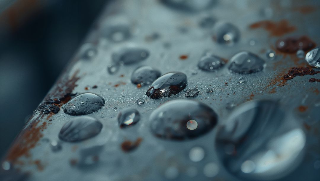 Macro of Water Droplets on Corroded Metal Surface Revealing Rust Details