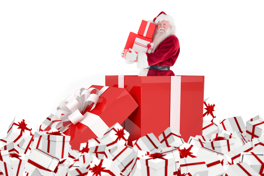 Transparent Santa Claus in Red Gift Box with Various Presents