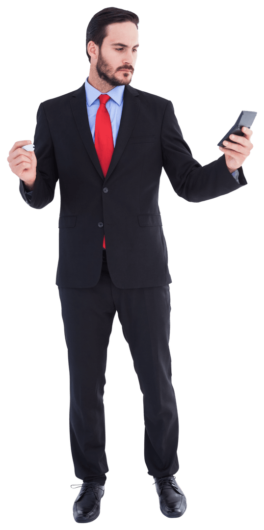 Confident Businessman Texting on Transparent Background
