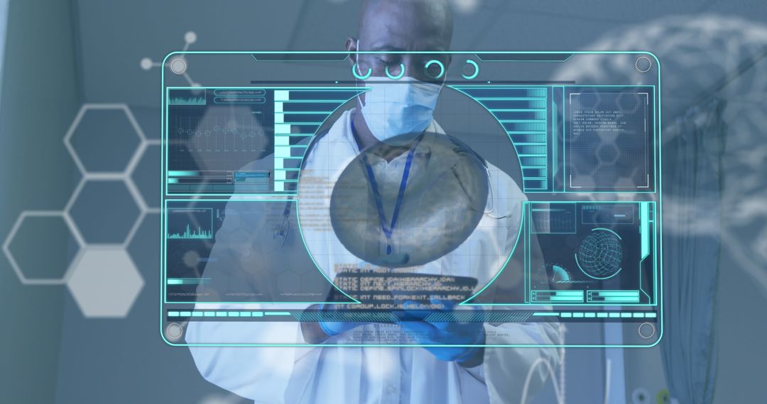 Doctor Analyzing Digital Brain Scan with Futuristic Tech