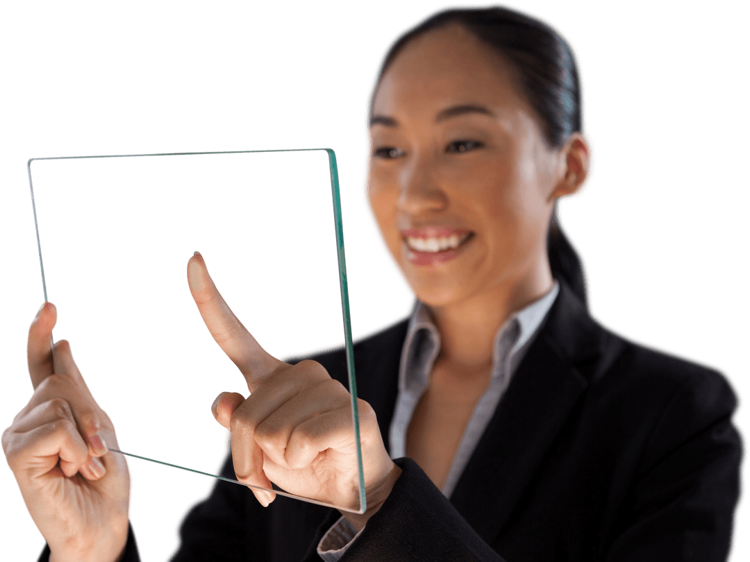 Businesswoman Using Transparent Glass Interface Smiling