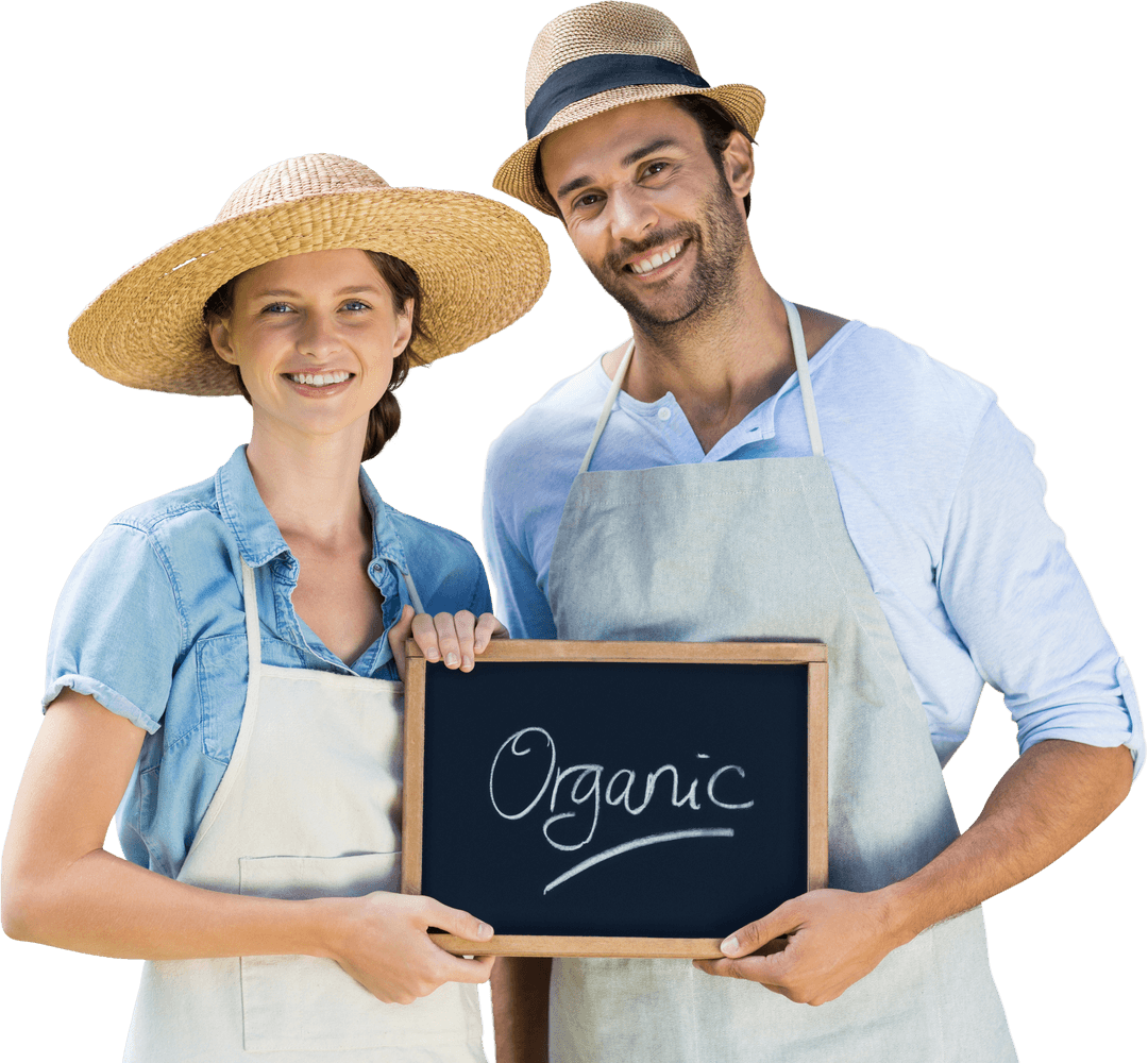 Smiling Couple Holding Slate with Organic Text on Transparent Background