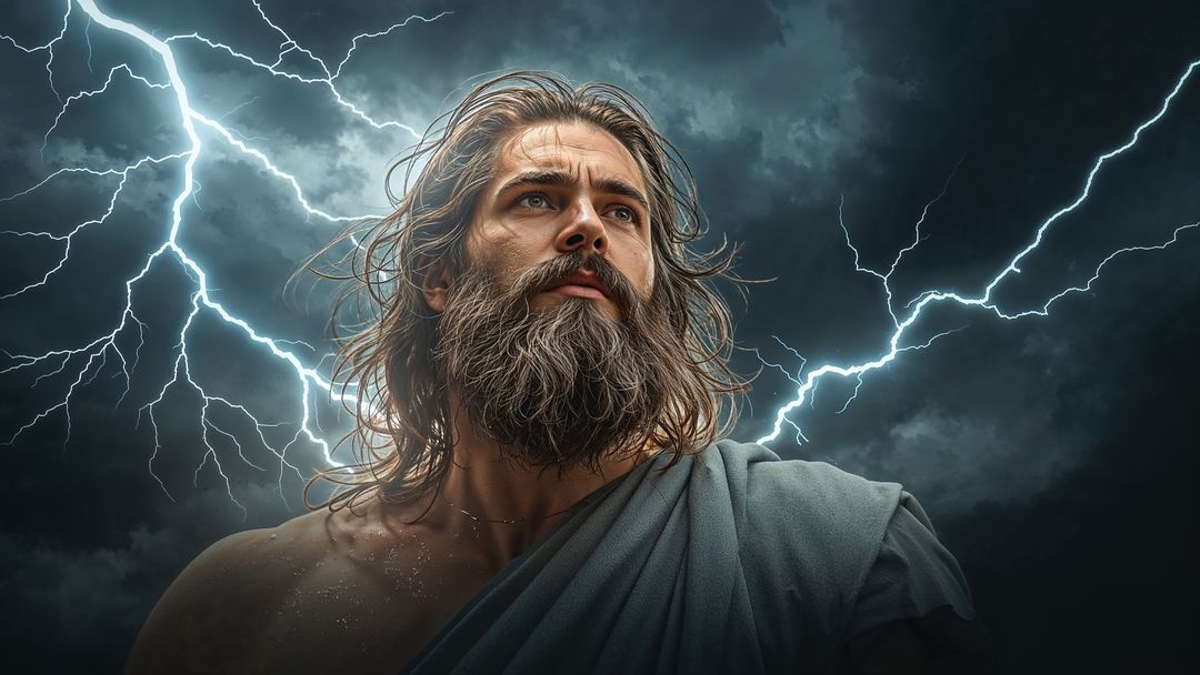 Heroic zeus figure under stormy skies and striking lightning