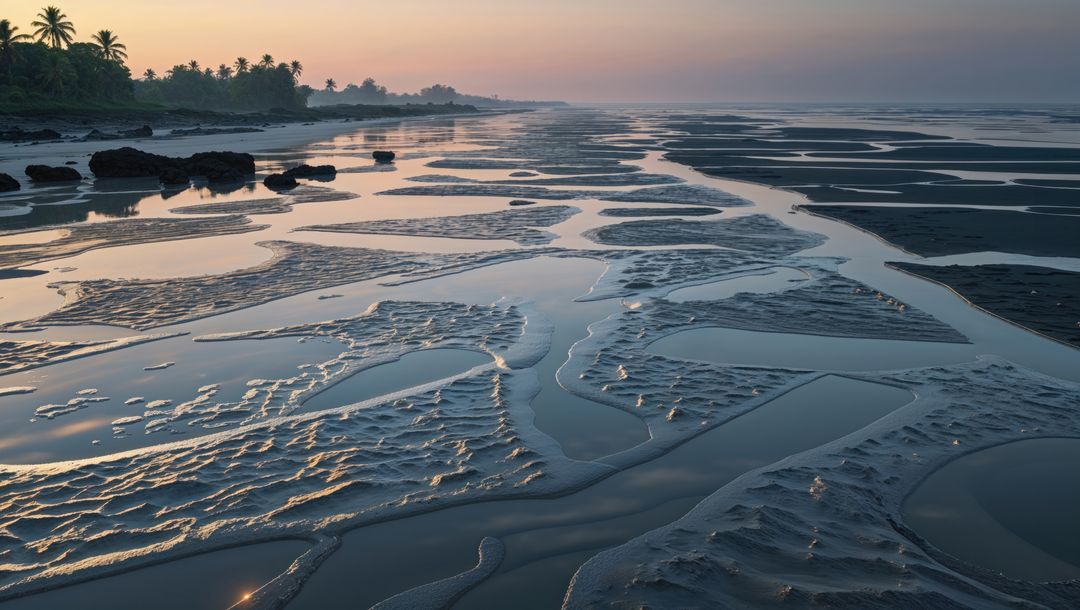 Tidal flats reflection at sunrise with tranquil bay of bengal seascape