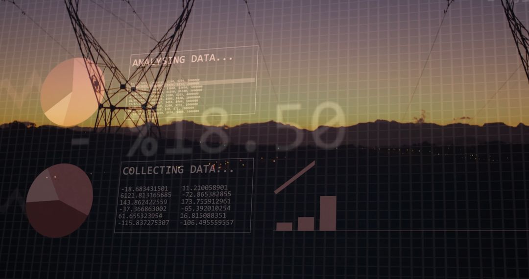 Digital Interface Overlaying Electricity Pylons at Sunset
