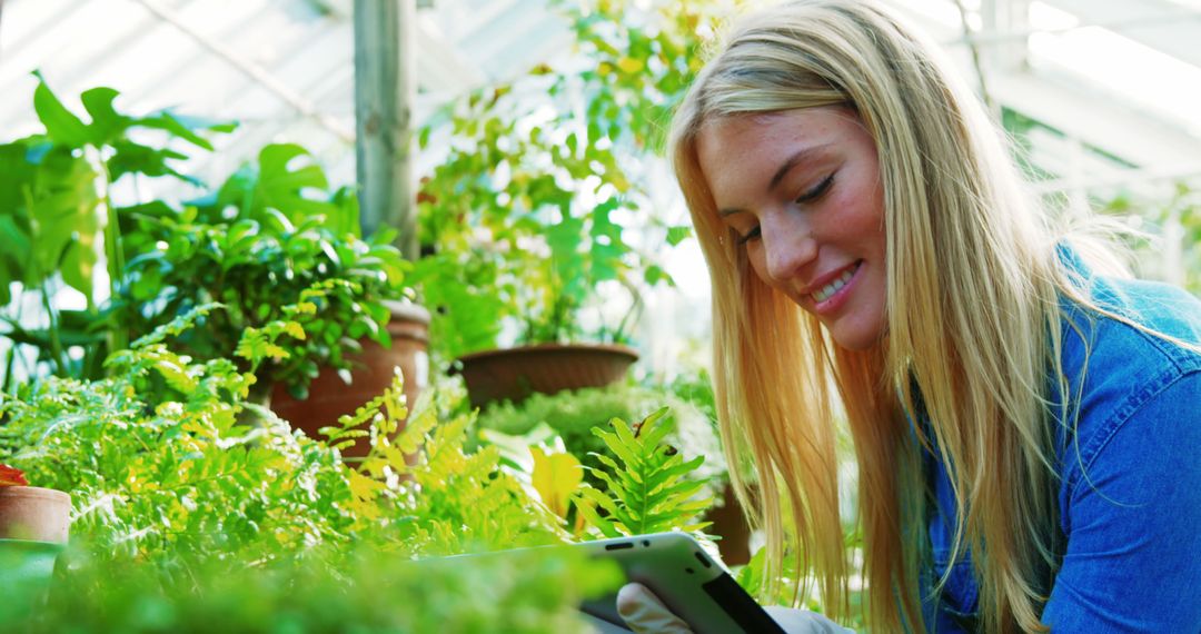 Young Woman Managing Plants in Greenhouse Using Digital Tablet - Free Images, Stock Photos and Pictures on Pikwizard.com