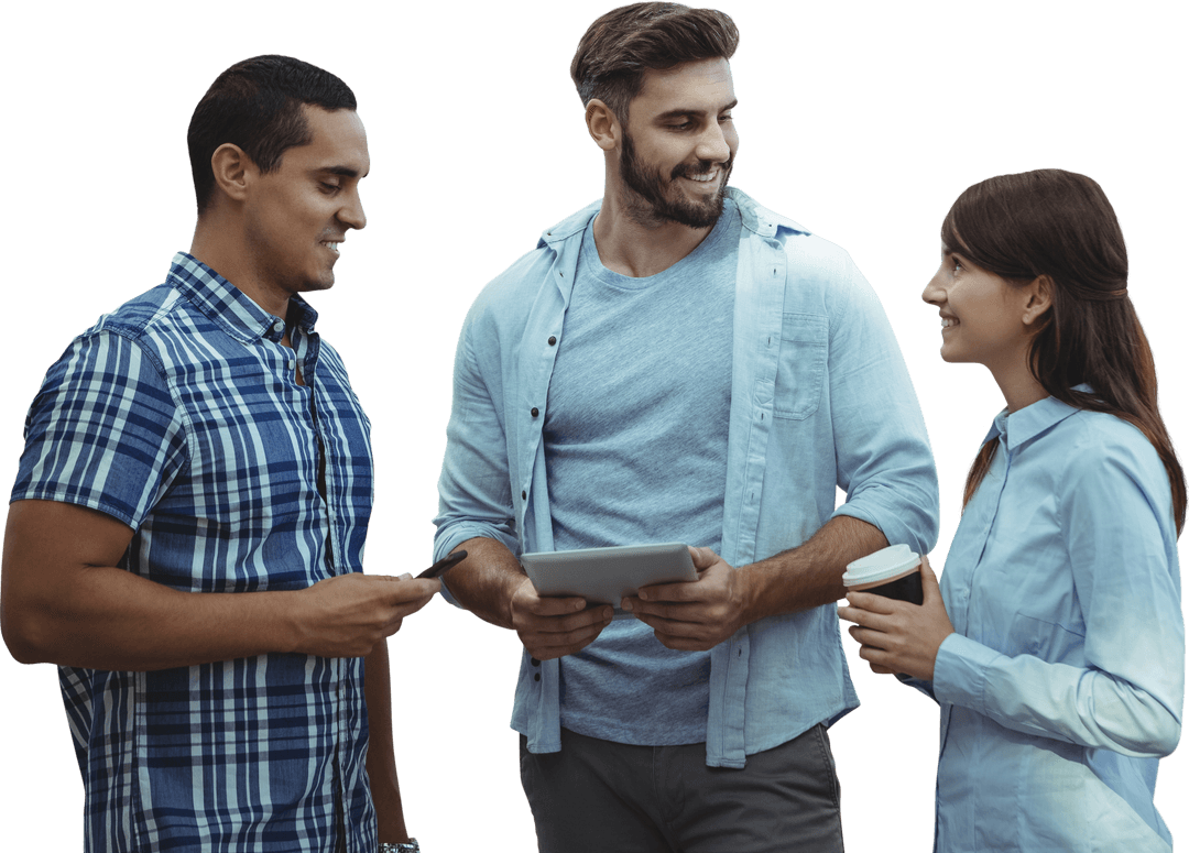 Smiling Diverse Business Group Discussing with Tablet on Transparent Background
