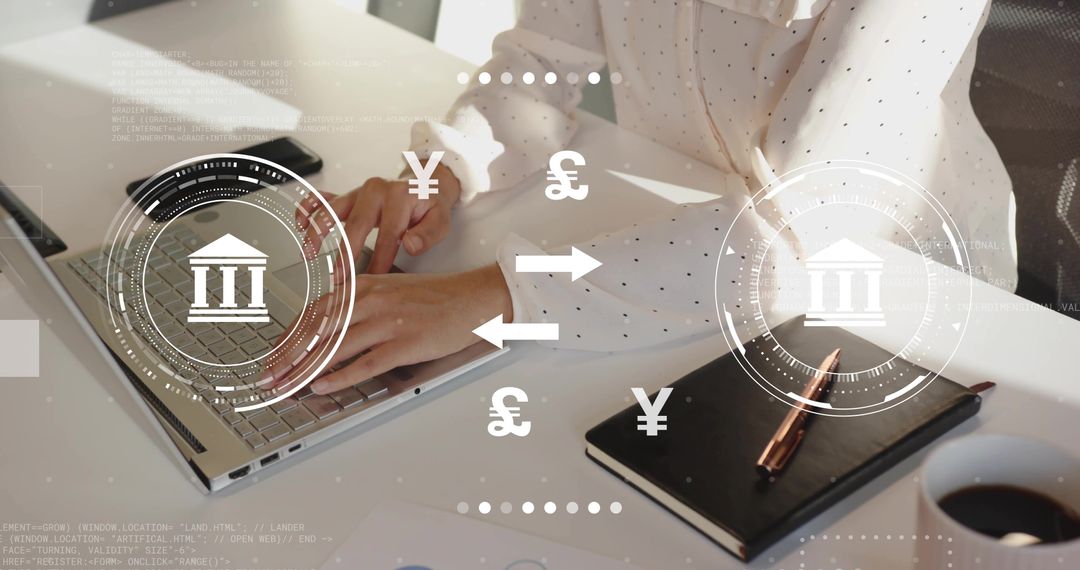 Woman in Polka Dot Blouse Typing on Laptop with Digital Currency Symbols