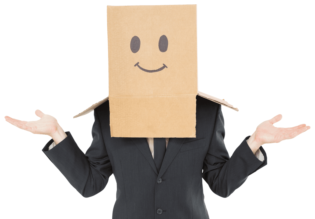 Transparent Suit-Mentioned Figure with Box Head Shrugging