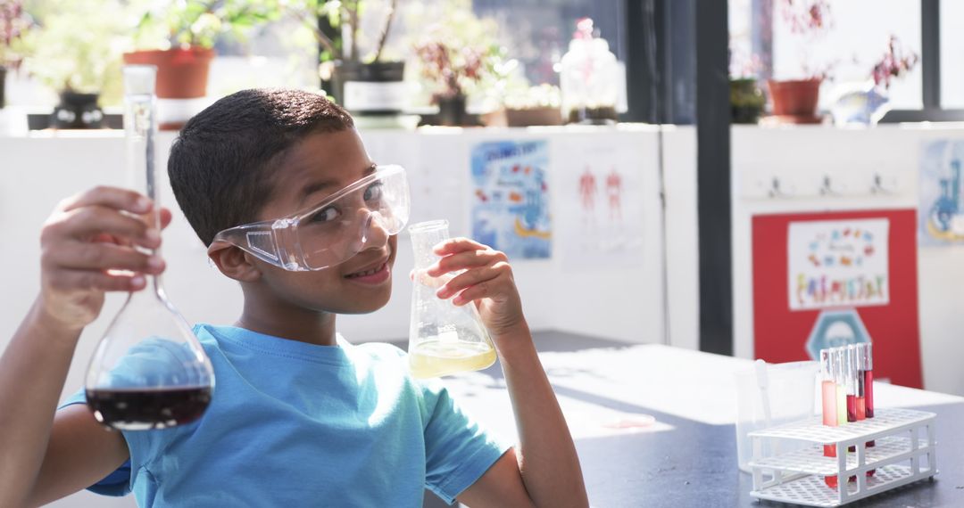 Curious Student Examining Chemical Flasks in Science Class