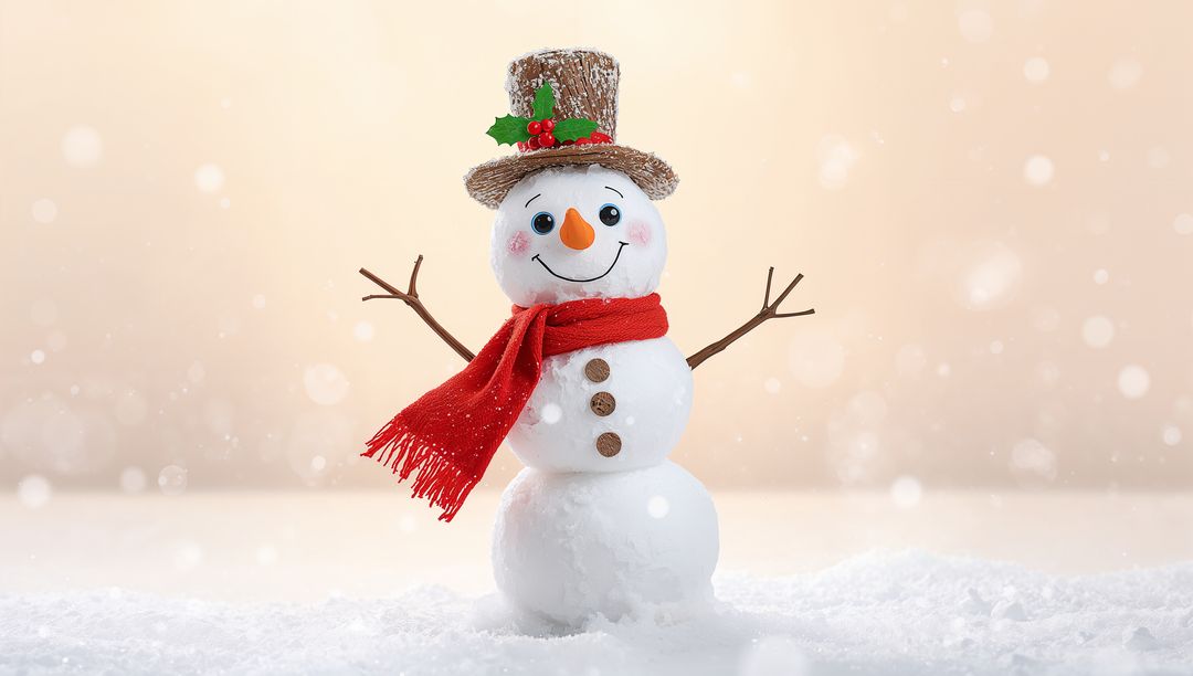 Standing three-tier snowman wearing straw hat with holly and red scarf on soft snowy bokeh backdrop