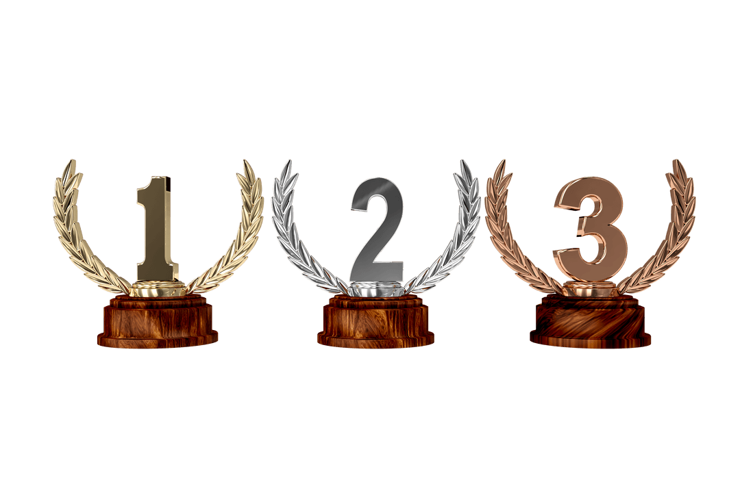 Gold Silver Bronze Winning Trophies on Transparent Background