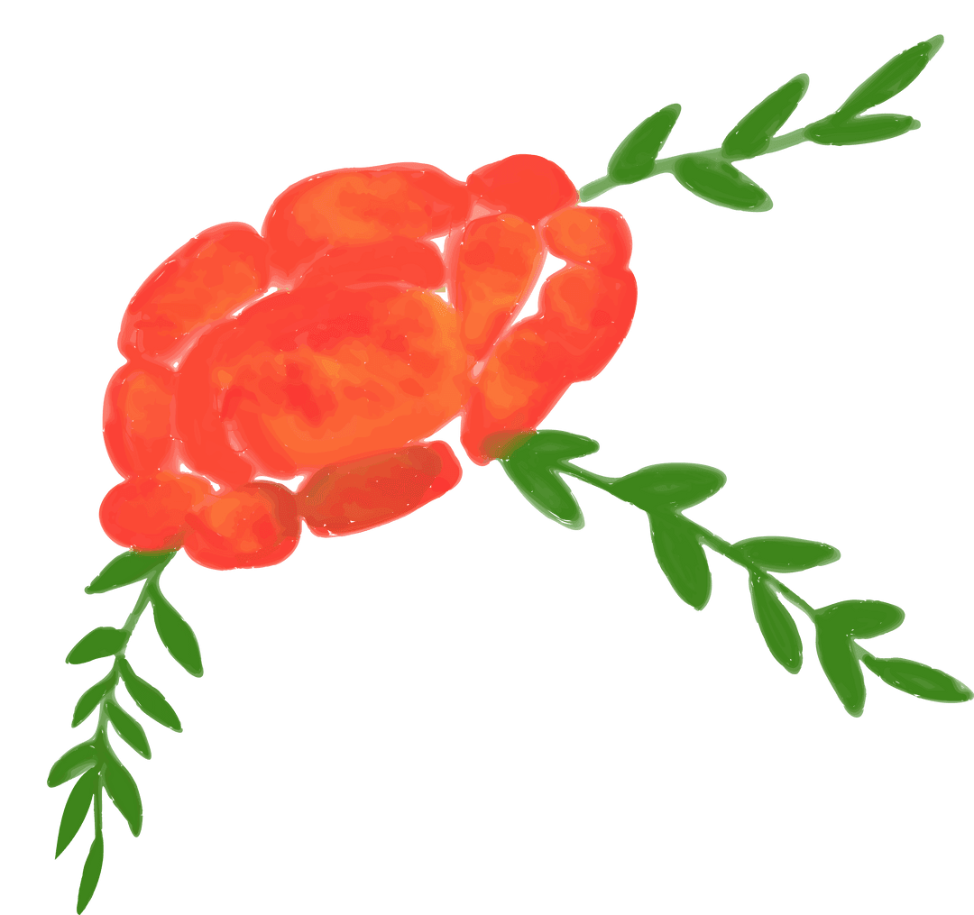 Vibrant Red-Orange Flower with Green Leaves on Transparent Background