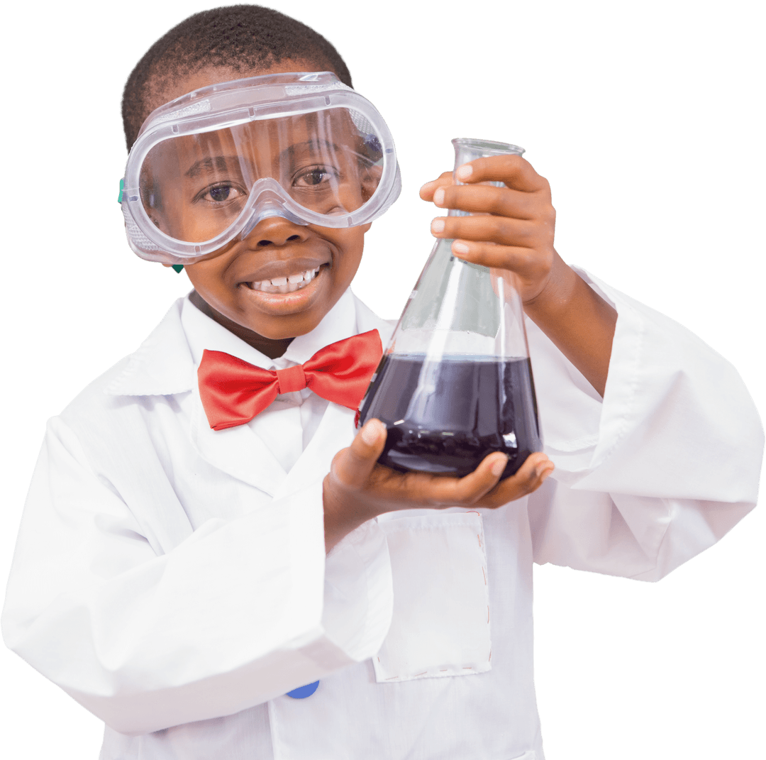 Smiling African American Boy Scientist Holding Lab Flask on Transparent Background