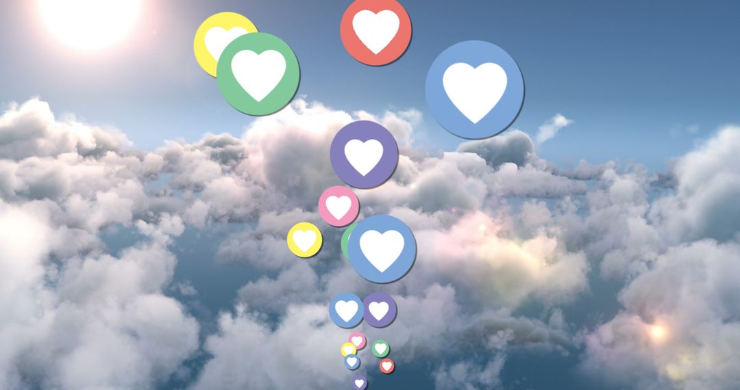Colorful Heart Icons Above Clouds Representing Social Media Popularity