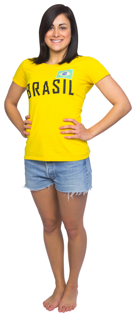 Cheerful Woman in Transparent Brazilian T-Shirt Posing for Soccer Fan Concept - Download Free Stock Images Pikwizard.com