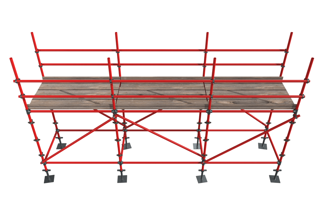 Transparent 3D Scaffold with Red Metal Supports and Wooden Planks