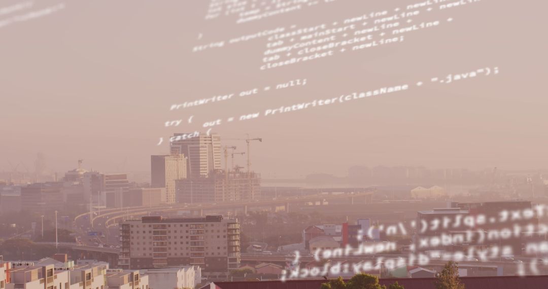 Futuristic Cityscape with Overlaid Data Code Visuals