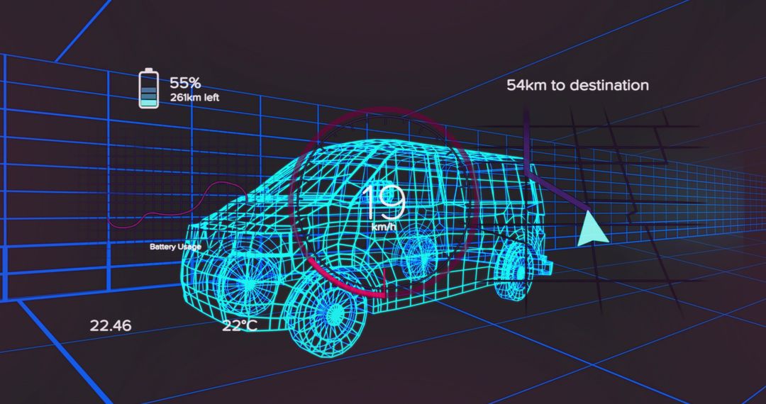 Futuristic Wireframe Van with HUD in Virtual Environment