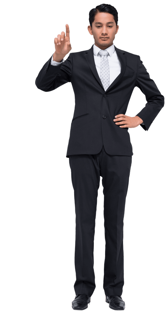 Biracial Businessman on Transparent Background Pointing at Digital Interface