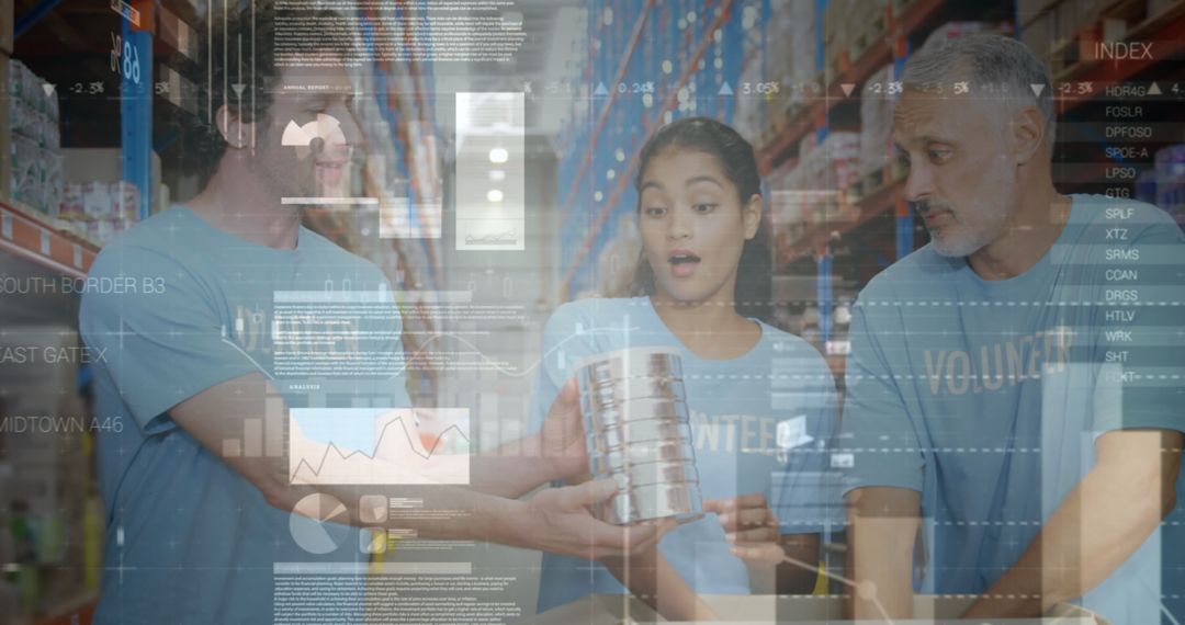 Volunteers Sorting Donations at Warehouse with Data Dashboard Overlay
