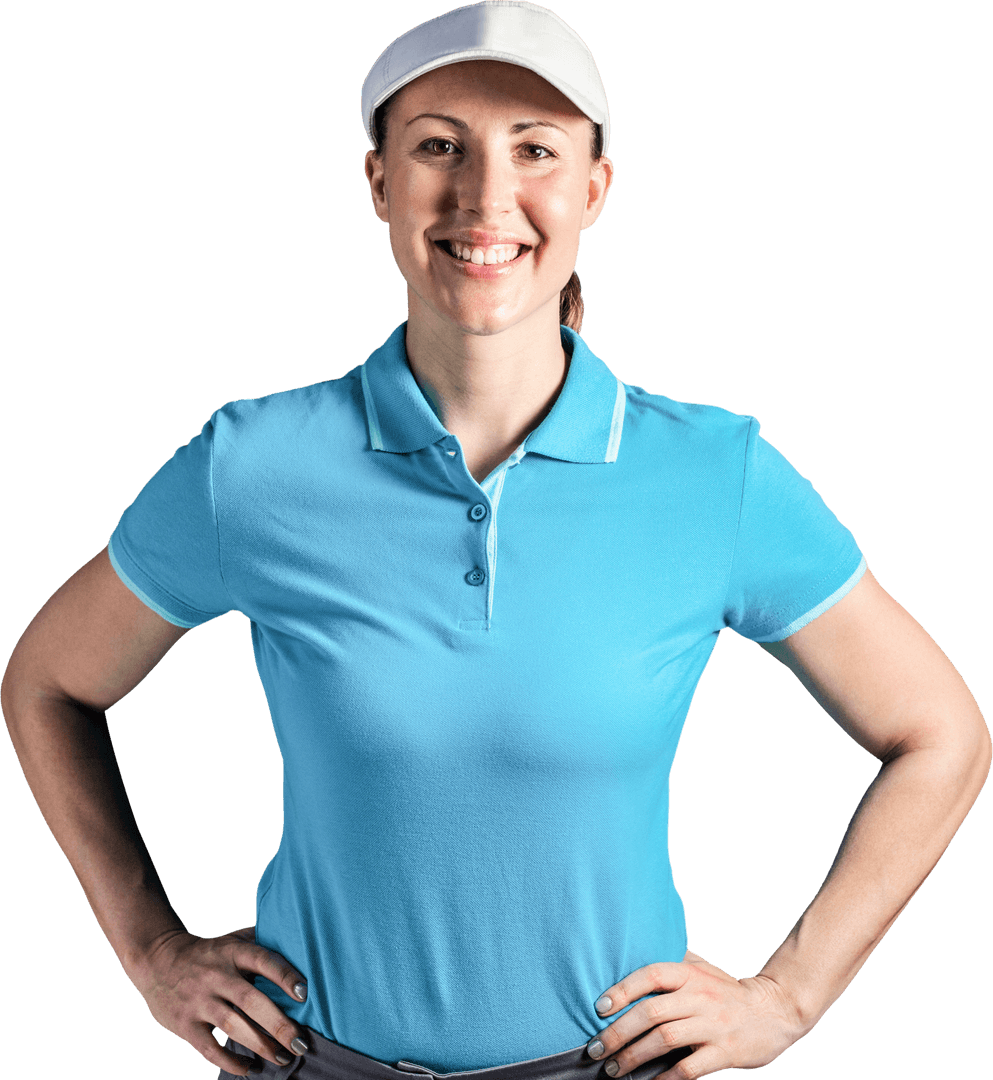 Smiling Woman in Blue Polo and Cap on Transparent Background