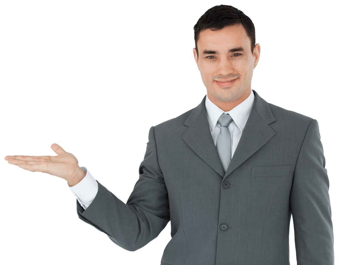 Confident Businessman Presenting with Open Palm Gesture Transparent