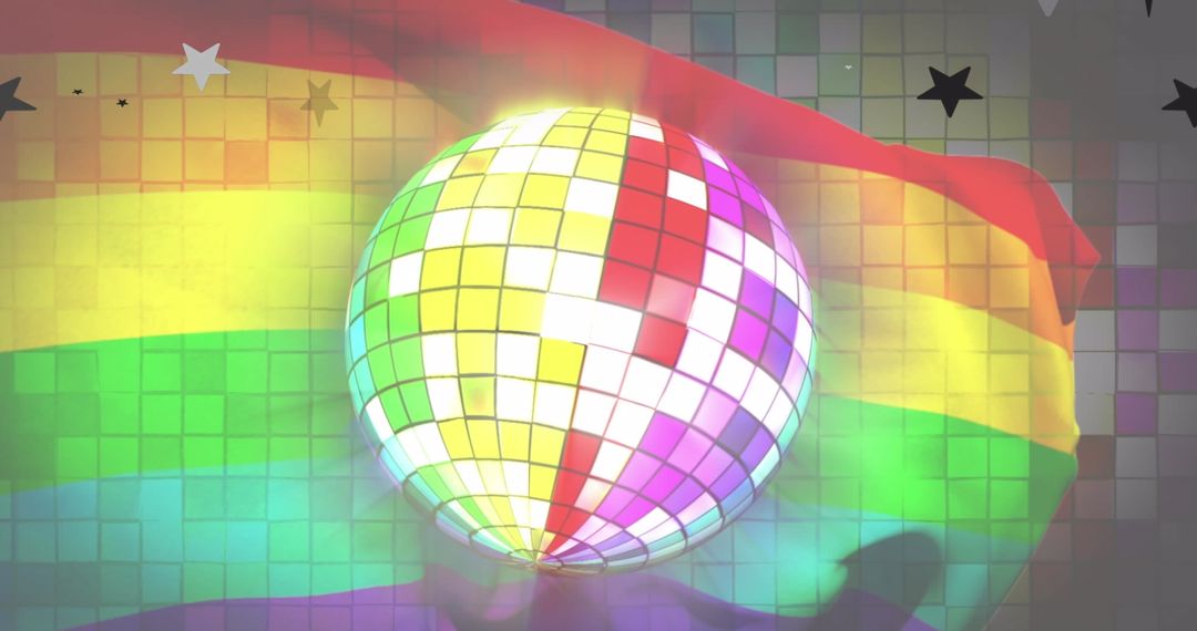 Colorful Disco Ball with Rainbow Lights and Vibrant Party Background