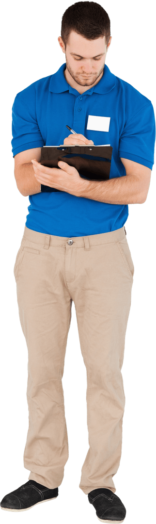 Transparent Young Salesman in Blue Shirt Taking Notes