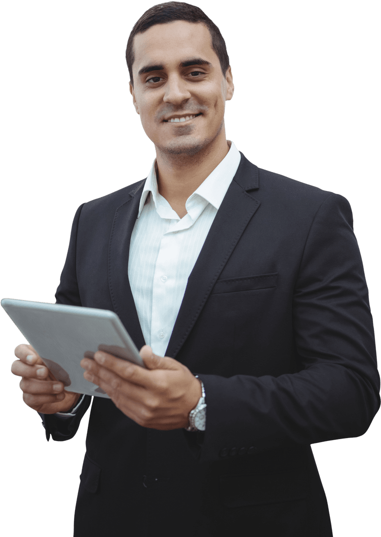 Confident Businessman Smiling with Tablet – Transparent Background
