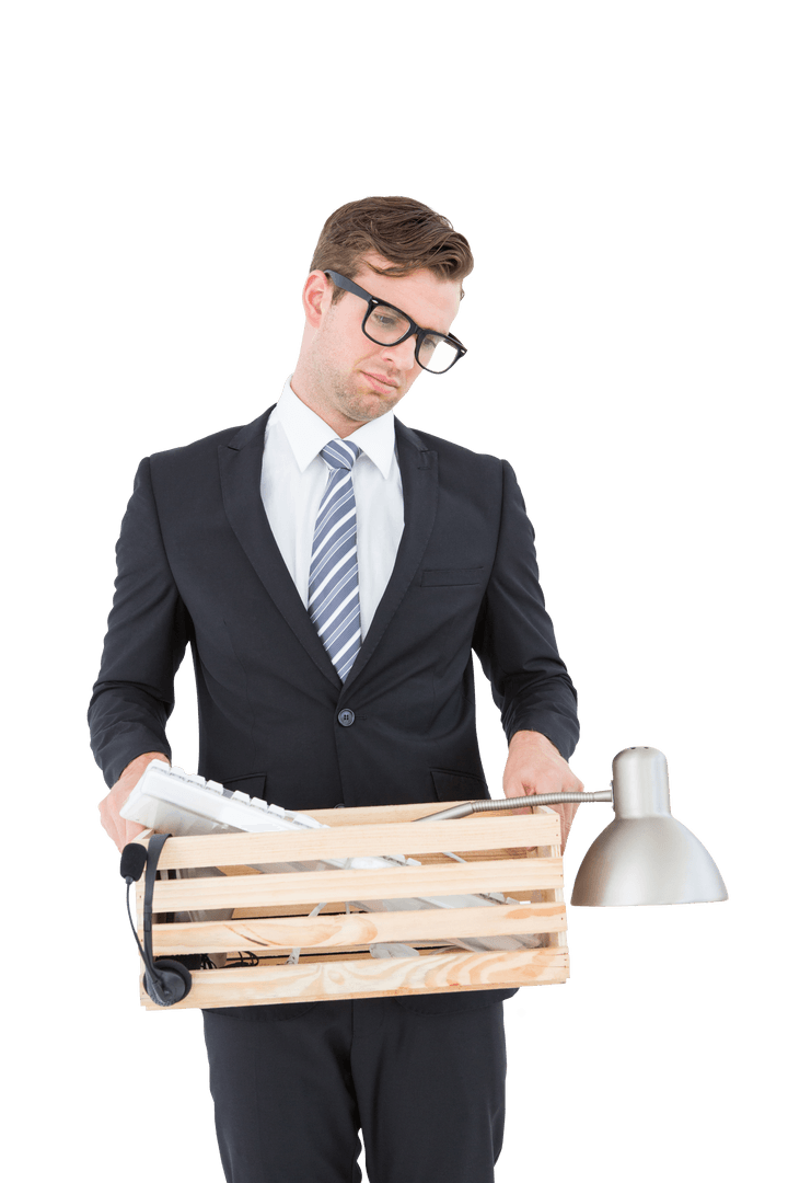 Transparent Sad Businessman Holding Box with Office Items