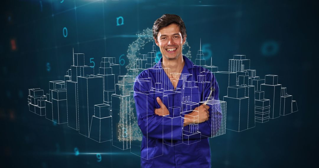 Smiling Engineer with Digital City Hologram Background
