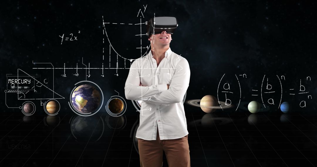 Man Exploring Virtual Solar System with VR Headset and Graphs