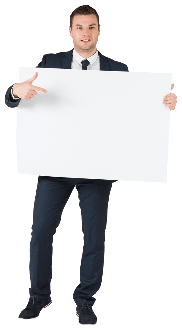 Confident Businessman Holding Blank Signboard on Transparent Background