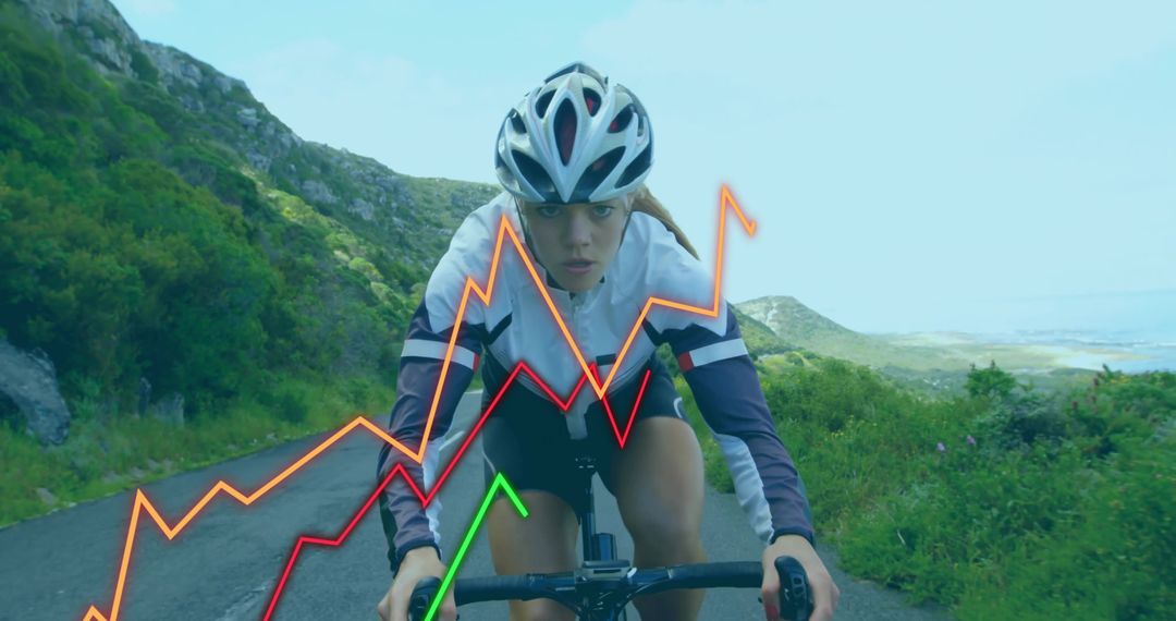 Cyclist on Mountain Road with Data Visual Overlays Emphasizing Fitness
