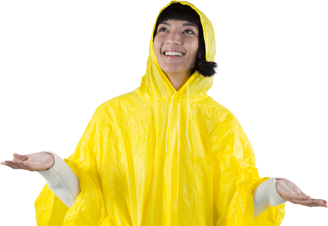 Smiling Woman in Yellow Raincoat Enjoying Rain on Transparent Background