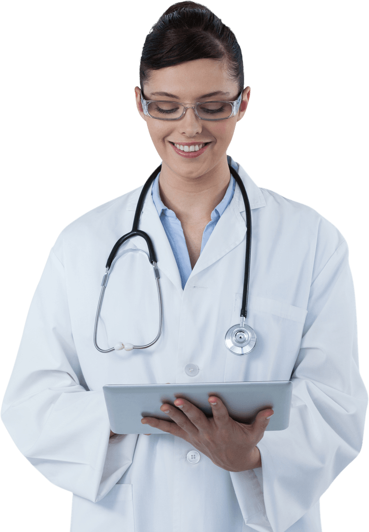 Transparent Background Happy Doctor Using Digital Tablet