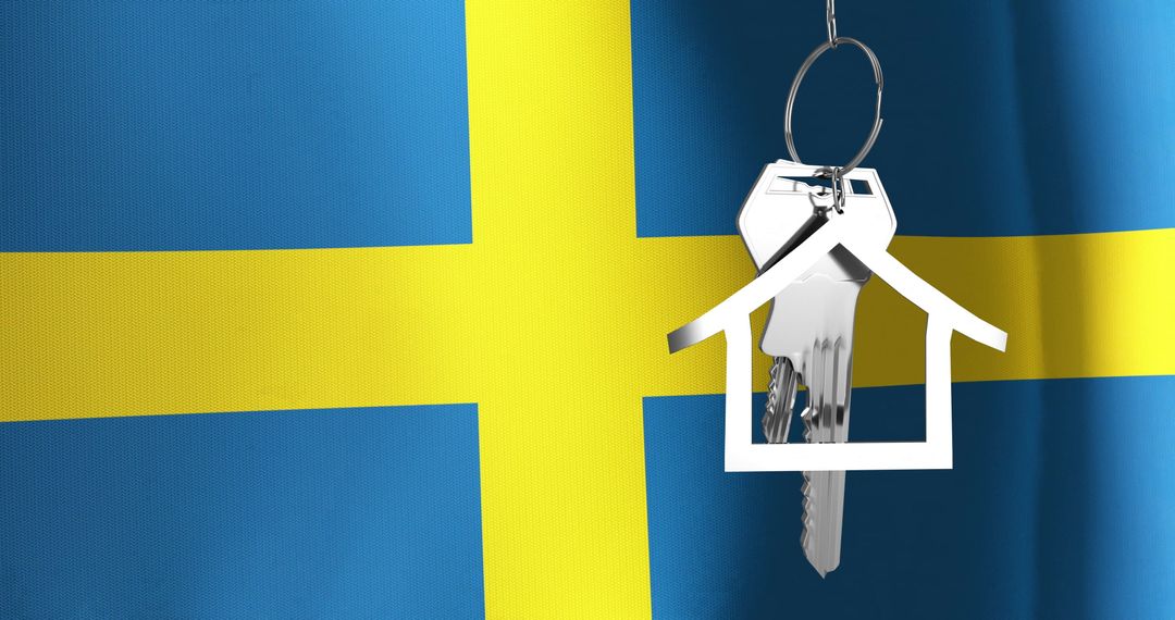 Key with House Keychain Against Swedish Flag, Symbolizing Property Ownership