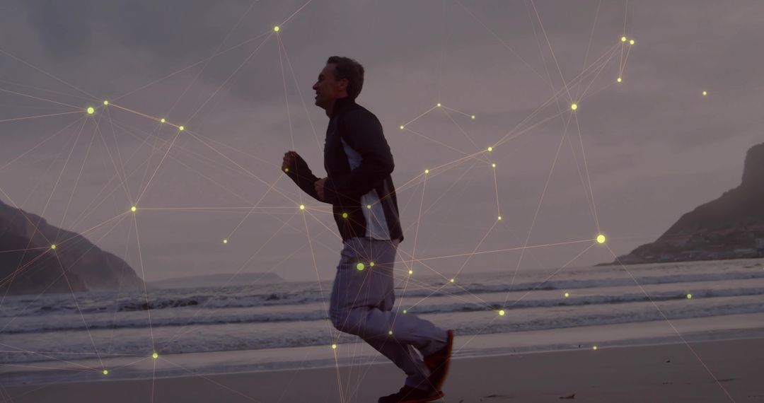 Man Jogging on Beach with Digital Technology Overlay