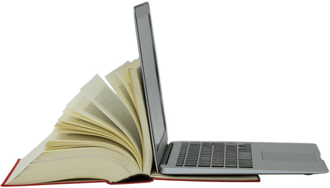 Transparent Laptop on Open Book Symbolizing Education and Technology