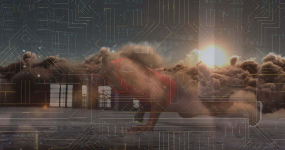 Man Performing Push-Ups with Technology and Nature Fusion Concept