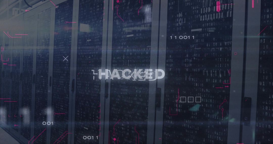 Cybersecurity Alert Hacked Text with Data Center Background