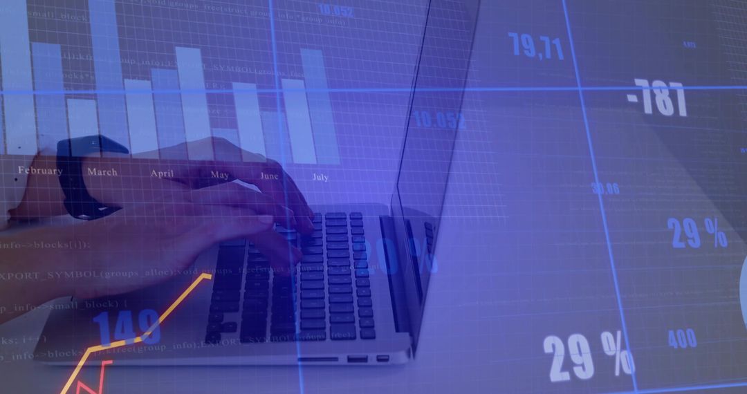 Typing hands analyzing financial charts on laptop with blue and purple data overlay