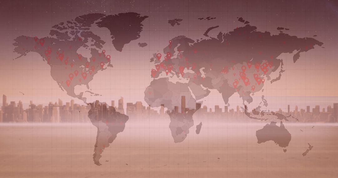 Global COVID-19 Impact Displayed on World Map with Cityscape Background