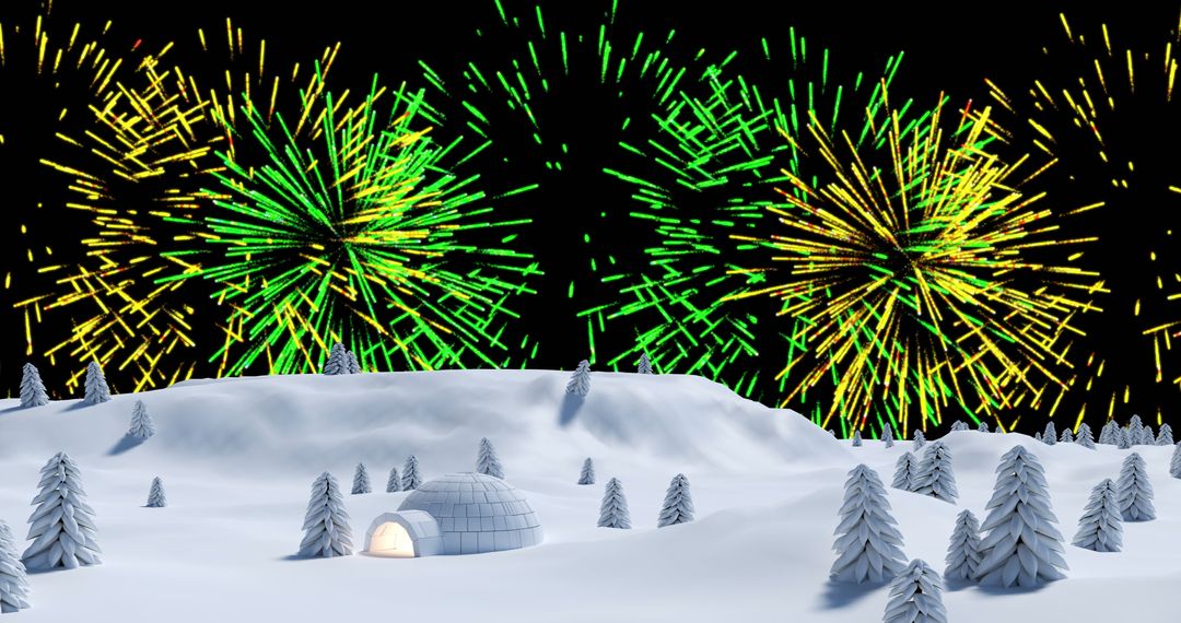 Colorful Fireworks Over Snowy Igloo Landscape