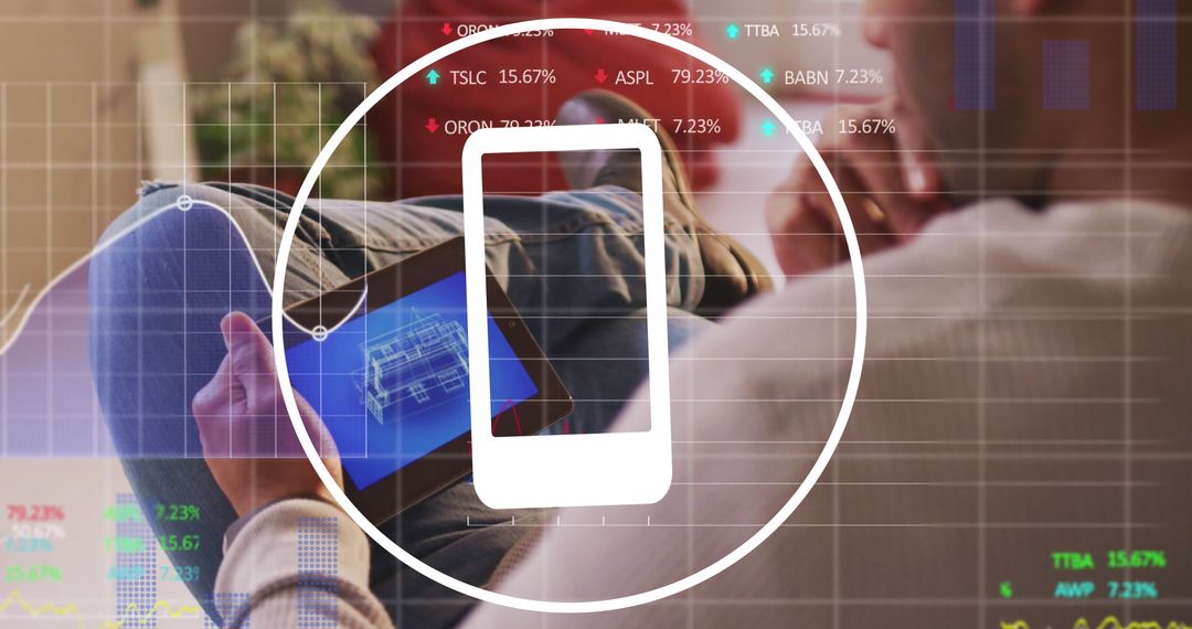 Digital Composite of Businessman Analyzing Market Trends and 3D House Model on Tablet