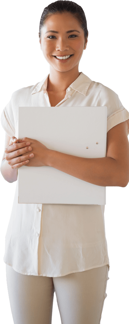 Casual Businesswoman Smiling Holding Transparent Folder