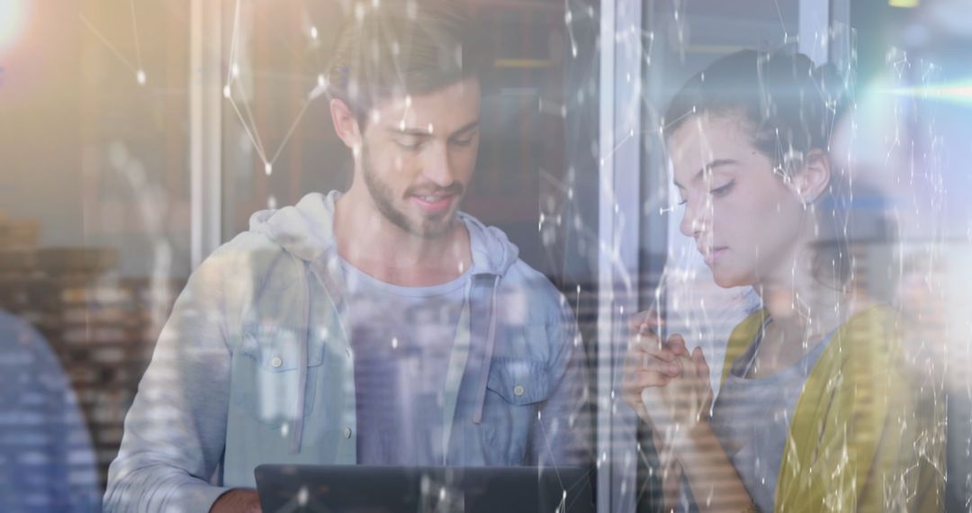 Colleagues Collaborating with Digital Networking Overlay