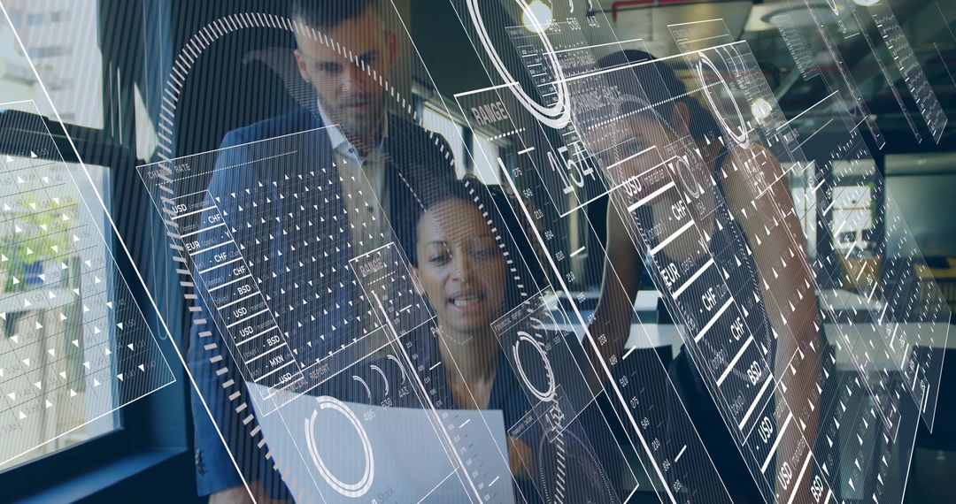 Business Team Collaborating Over Futuristic Holographic Data Dashboards