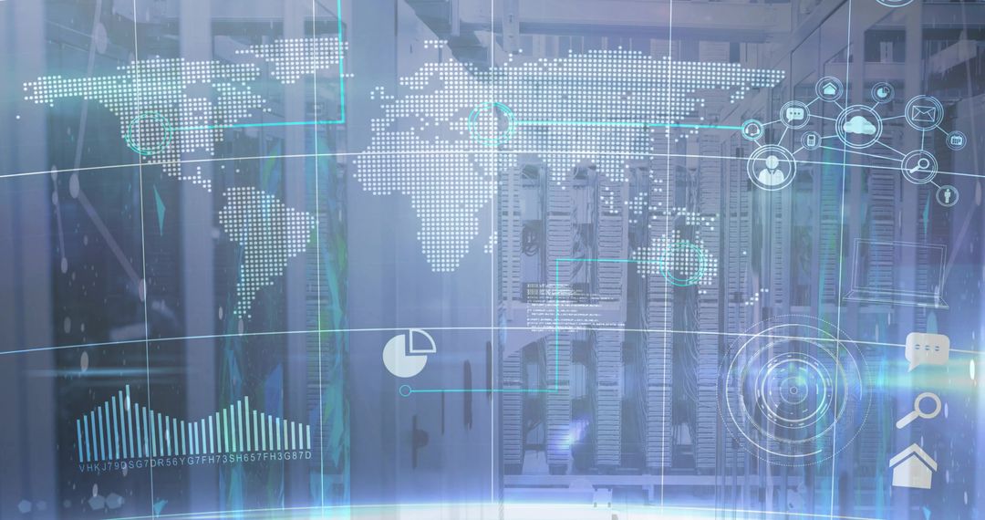 Futuristic Data Center with Global Analytics Overlays and Cloud Technology